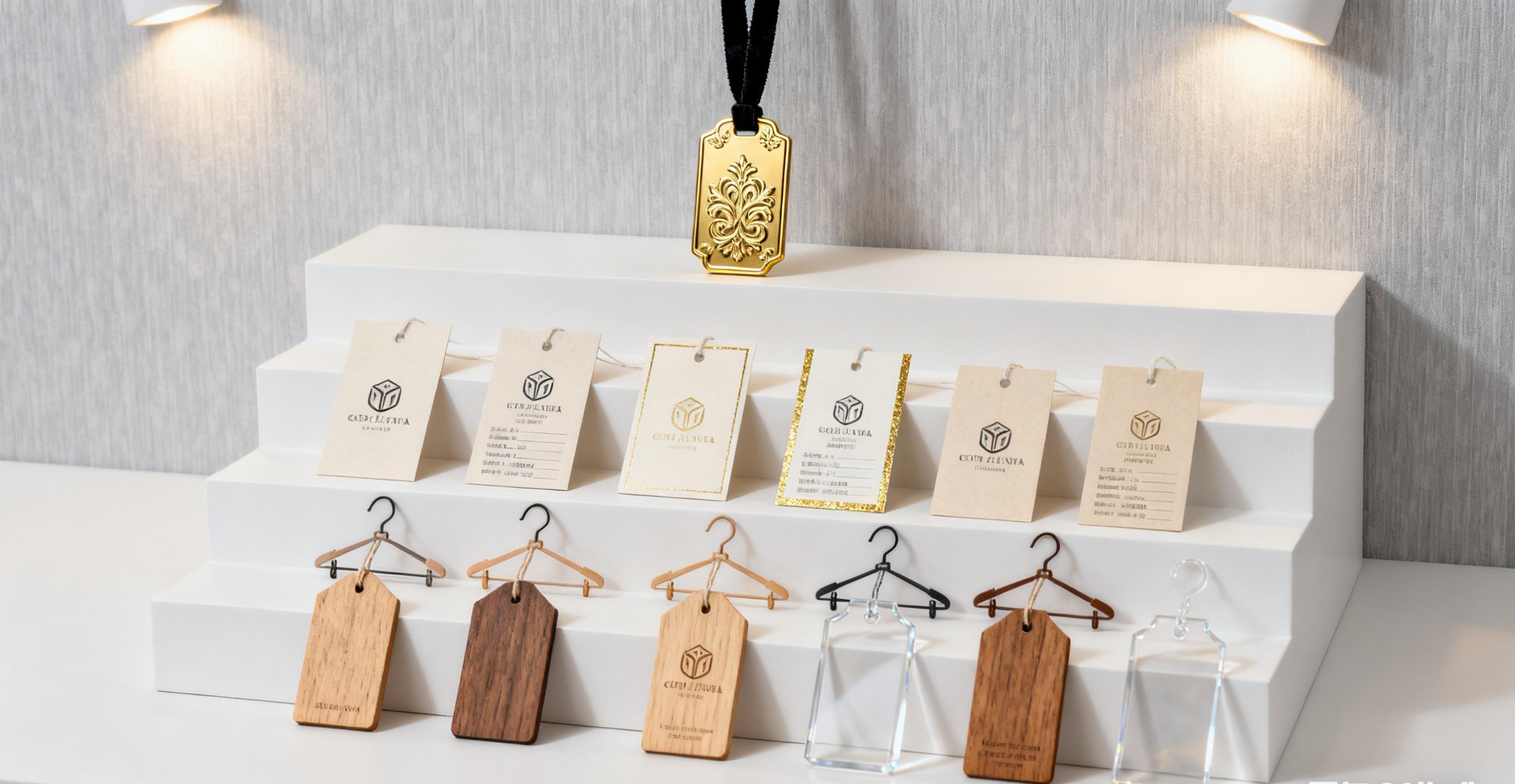 Various apparel hang tags in retail display